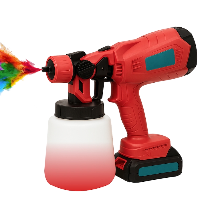 Pistol de vopsit cu acumulator, capacitate 800 ml, duza rotativa 360, 3 moduri de pulverizare, 2 acumulatori de 48V inclus, debit maxim 1l-min, negru-rosu, HAPPY JOKER®