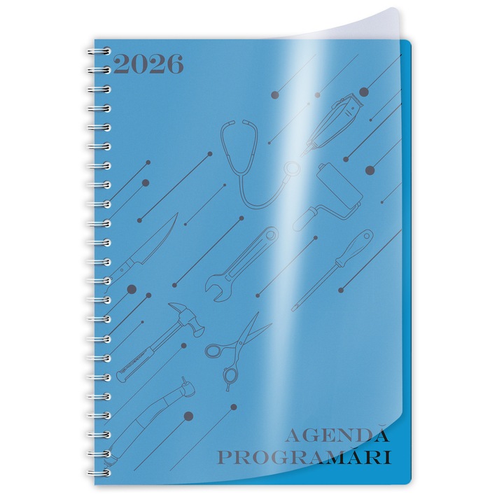 Agenda A4 pentru programari datata zilnic 2026 192 pagini, spirala, coperta carton model Blue si supracoperta PriPlak
