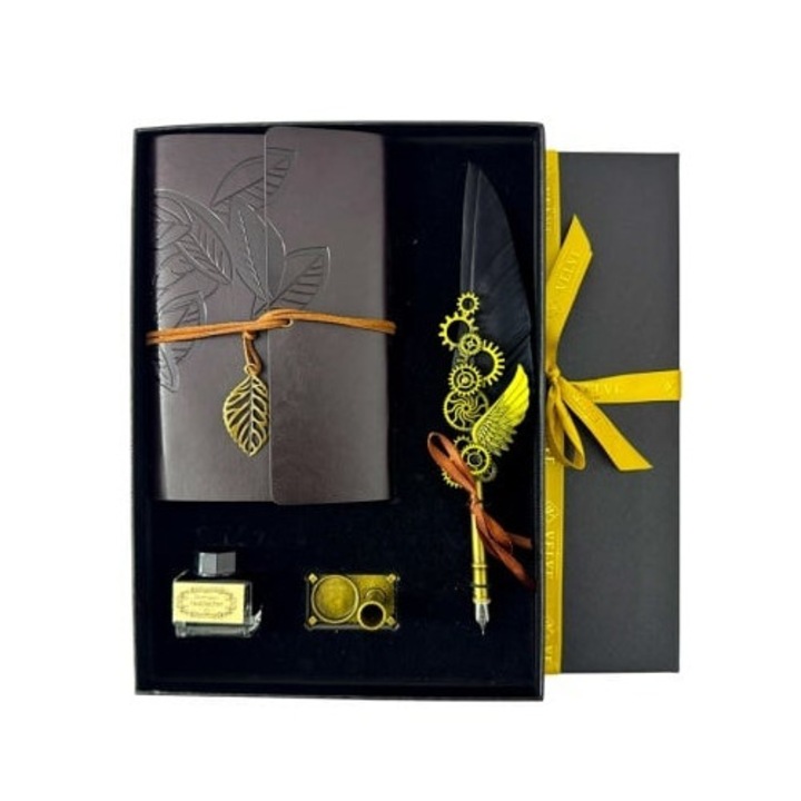 Set Vintage Spark, cu agenda/jurnal, stilou cu pana si suport, calimara cu cerneala, Negru, Velve