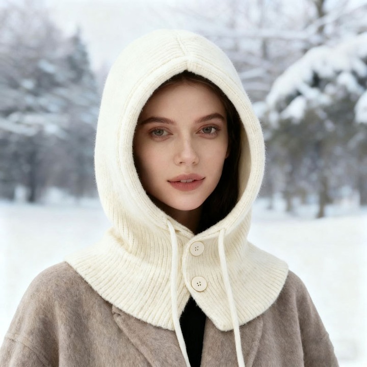 Caciula tricotata din lana pentru femei, guler integrat, alb-crem