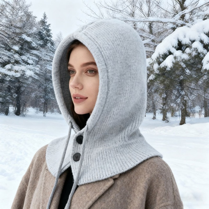 Caciula si fular integrate, lana, gri deschis, pentru femei, sezon toamna-iarna