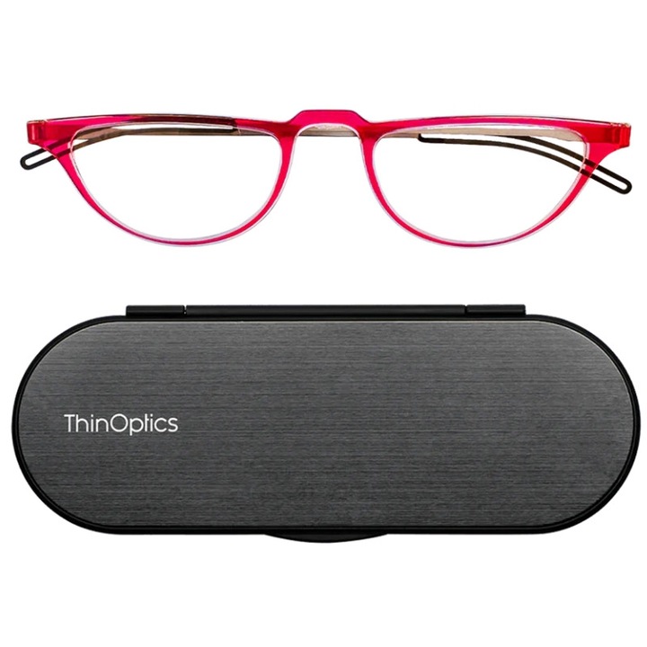 Ochelari de vedere compacti cu rame ThinOptics Crescent, Cu etui magnetic negru, Dioptrie +2.5, Rosu