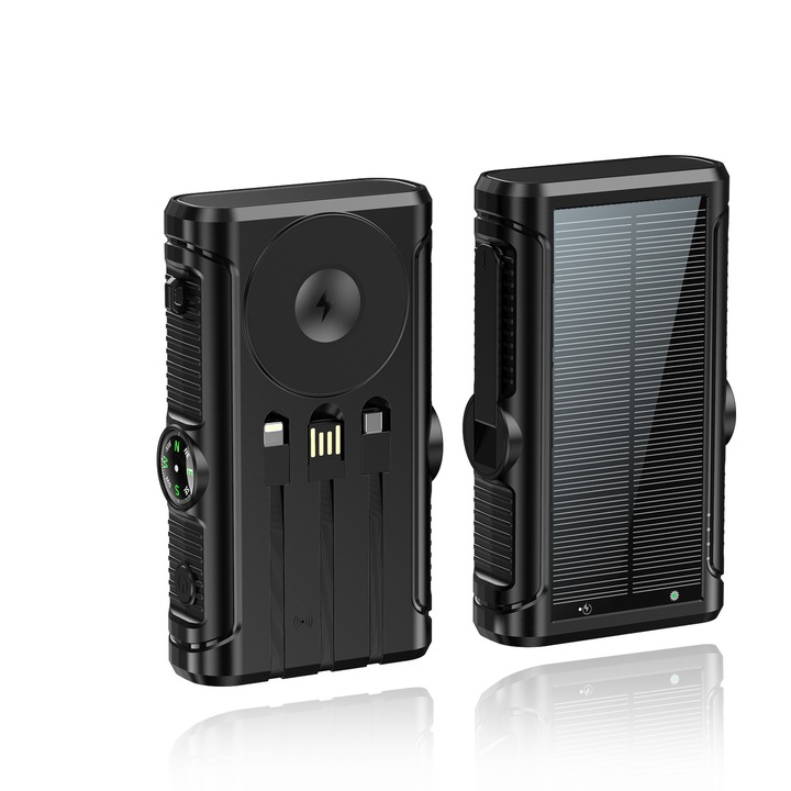 Baterie Externa Solara20000 mAh, Incarcare wireless, Busola & Lanterna 1x cablu Lightning, 1x cablu USB Type-C, 1x cablu micro-USB, Manivela pentru incarcare manuala, Incarcare rapida, Negru