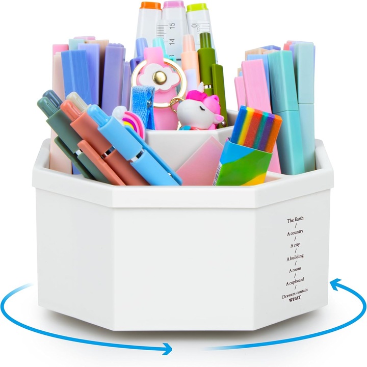 Organizator birou MOWETOO, rotativ 360, 5 compartimente, plastic, dimensiuni compacte