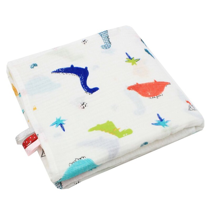 Paturica Maxi, dinozauri colorati, muselina, alb, 120x160 cm