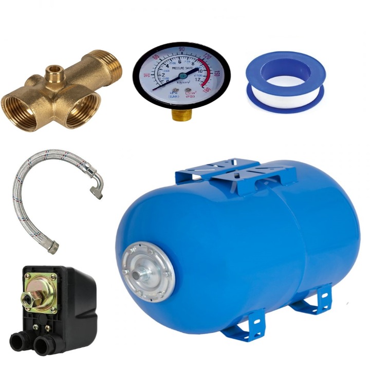 Kit accesorii hidrofor DDT, vas expansiune 50L otel, presostat, manometru, racord 5 cai bronz, furtun racord inox cu cot 60cm
