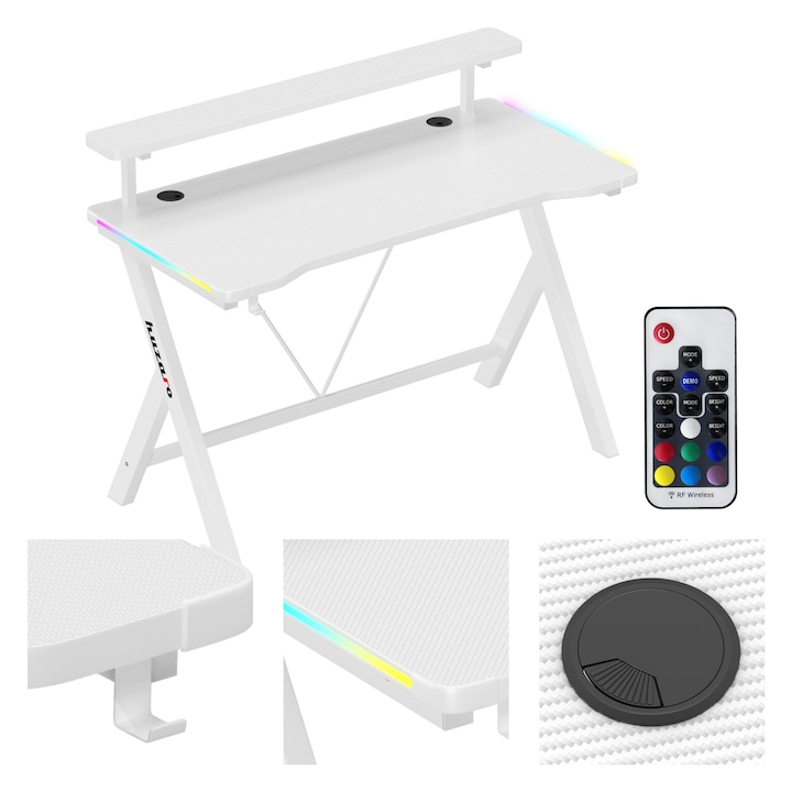 Гейминг бюро, Huzaro Hero 1.9, с осветление, удължител за монитор, стоманена рамка, плот 120 x 60 cm, бяло многоцветен