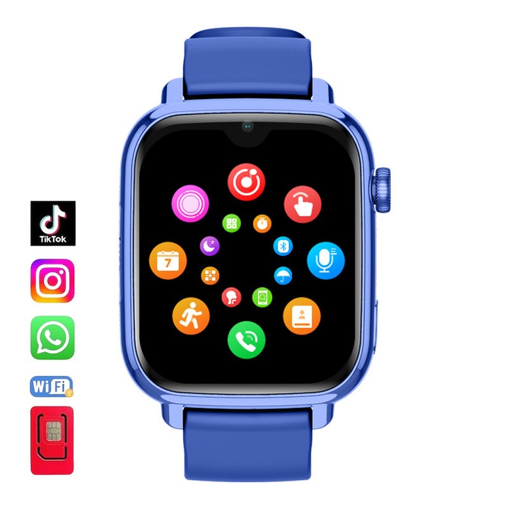 Techone® SuperTraker GPS okosóra gyermekeknek helymeghatározással és telefonnal, Android 8.1, WhatsApp, Tik Tok, 1.91 hüvelykes Super AMOLED, 4G LTE, videóhívás, HD kamera, Wi-Fi, IP67 vízállóság, telefon, SOS, kémfigyelés, pulzusszám, App Store, kék