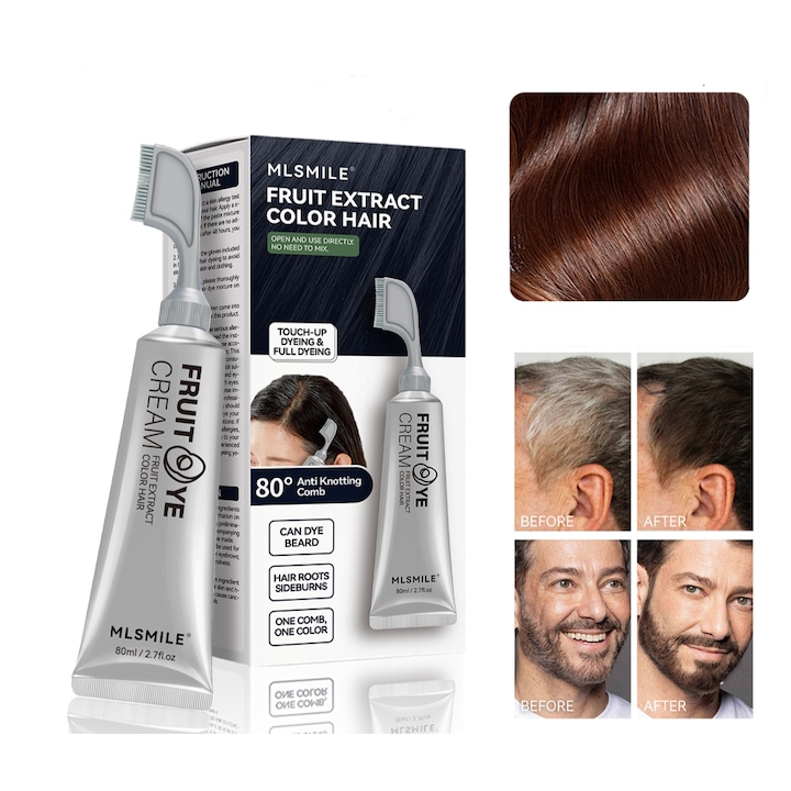 MLSMILE Crema de Vopsit Naturala pe Baza de Plante – Maro, Fara Amestecare, Gata de Folosit, Nu Deterioreaza Parul, Fara Peroxid, Ideala pentru Tample, Radacini, Barba si Par Scurt, 80ml