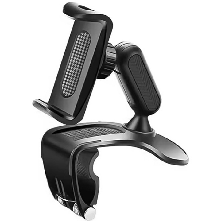 Suport auto pentru telefon, potrivit pentru bord, roatie 360°, plastic, negru, 16x9.5x8 cm