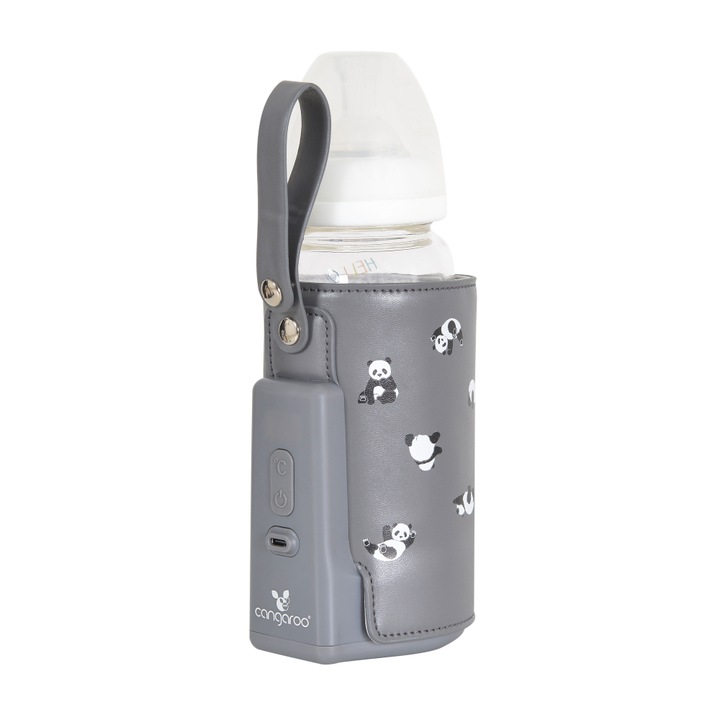 Incalzitor portabil pentru biberoane Cangaroo Caliente Grey cu baterie incorporata, afisaj LED, termostat, incarcare mufa tip C, material PU flexibil de inalta calitate