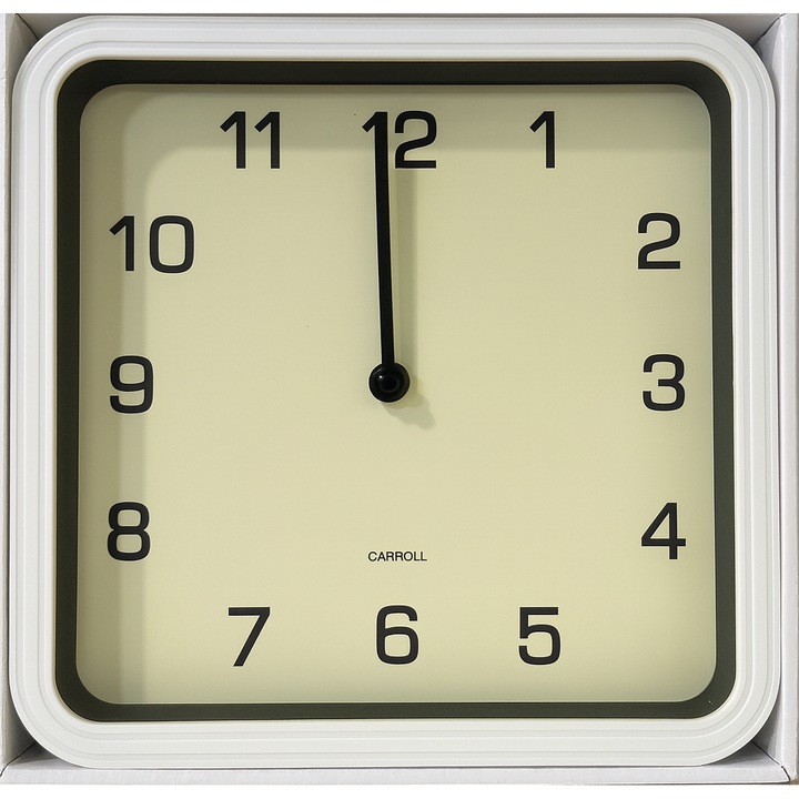 Ceas de Perete Patrat 23cm, Cadran Crem cu Cifre Negre, Cifre Vizibile, Rama Alba Eleganta