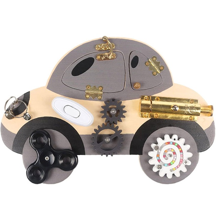 Placa Senzoriala Montessori Lemn Natural, Busy Board, Tabla de activitati 8 in 1, jucarie de calatorie pentru copii pentru baieti si fete, model masina, bebeLOGIC™