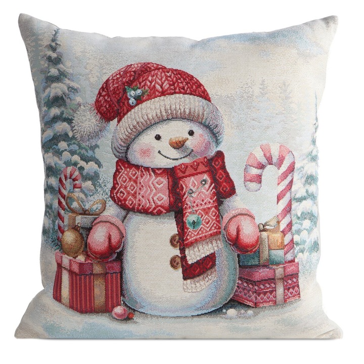 Fată de pernă decorativă Crăciun, Eurofirany, motiv om de zăpadă, gri, 45x45cm