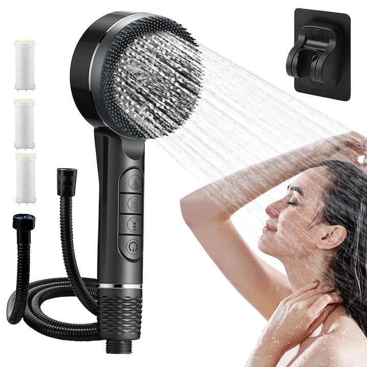 Душ слушалка с високо налягане с 4 режима, AKKEE®, регулируем ръчен душ с пестене на вода, масажен душ с 3 филтъра и държач за душ слушалка, преносима душ слушалка, душ слушалка с функция за спиране за възрастни, деца, домашни любимци