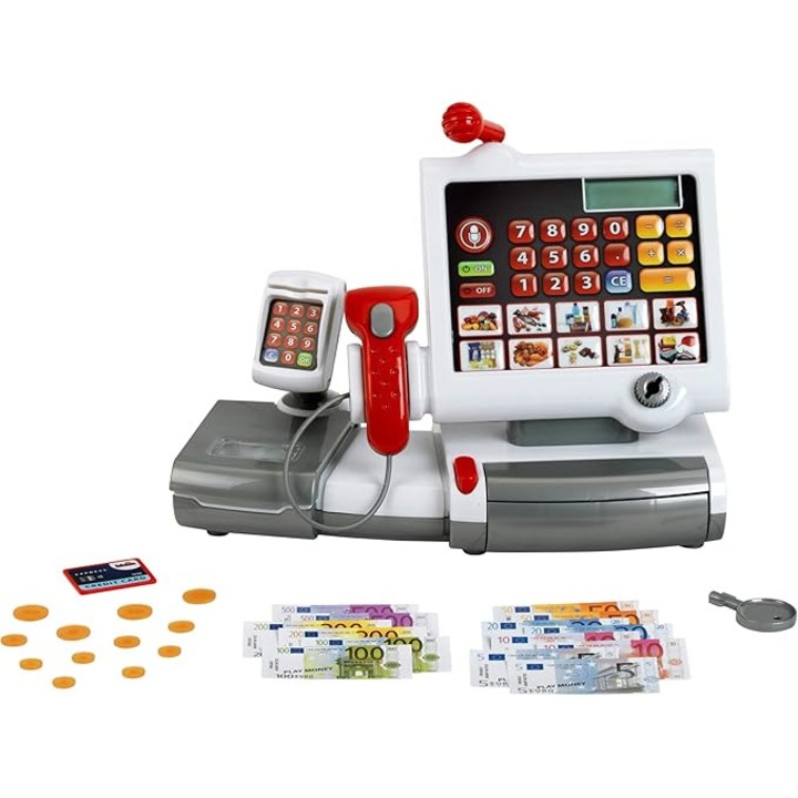 Pénztárgép billentyűzettel, Theo Klein, mérete 31x15,5x23cm, fény- és hangeffektek, oktatójáték gyerekeknek 3 éves kortól