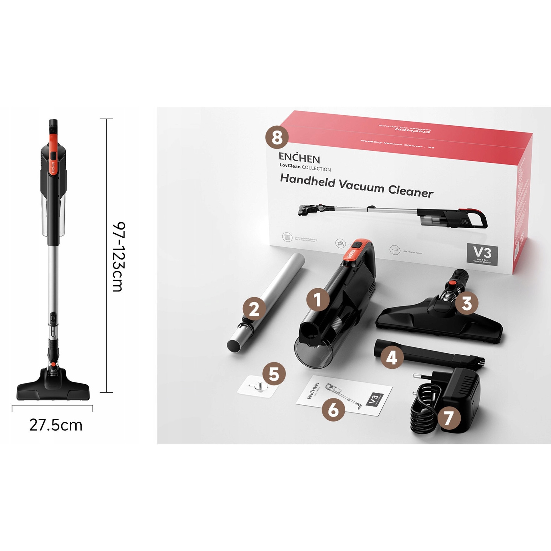 Aspirator Vertical 2 In 1 Cu Accesorii, Enchen, V3 Plus, Motor Puternic De 120W Pentru O Putere De Aspiratie Mare, Capacitate Recipient Pentru Praf De 1, 2 L, Timp De Functionare In Modul Eco De Pana La 30 De Minute, Negru