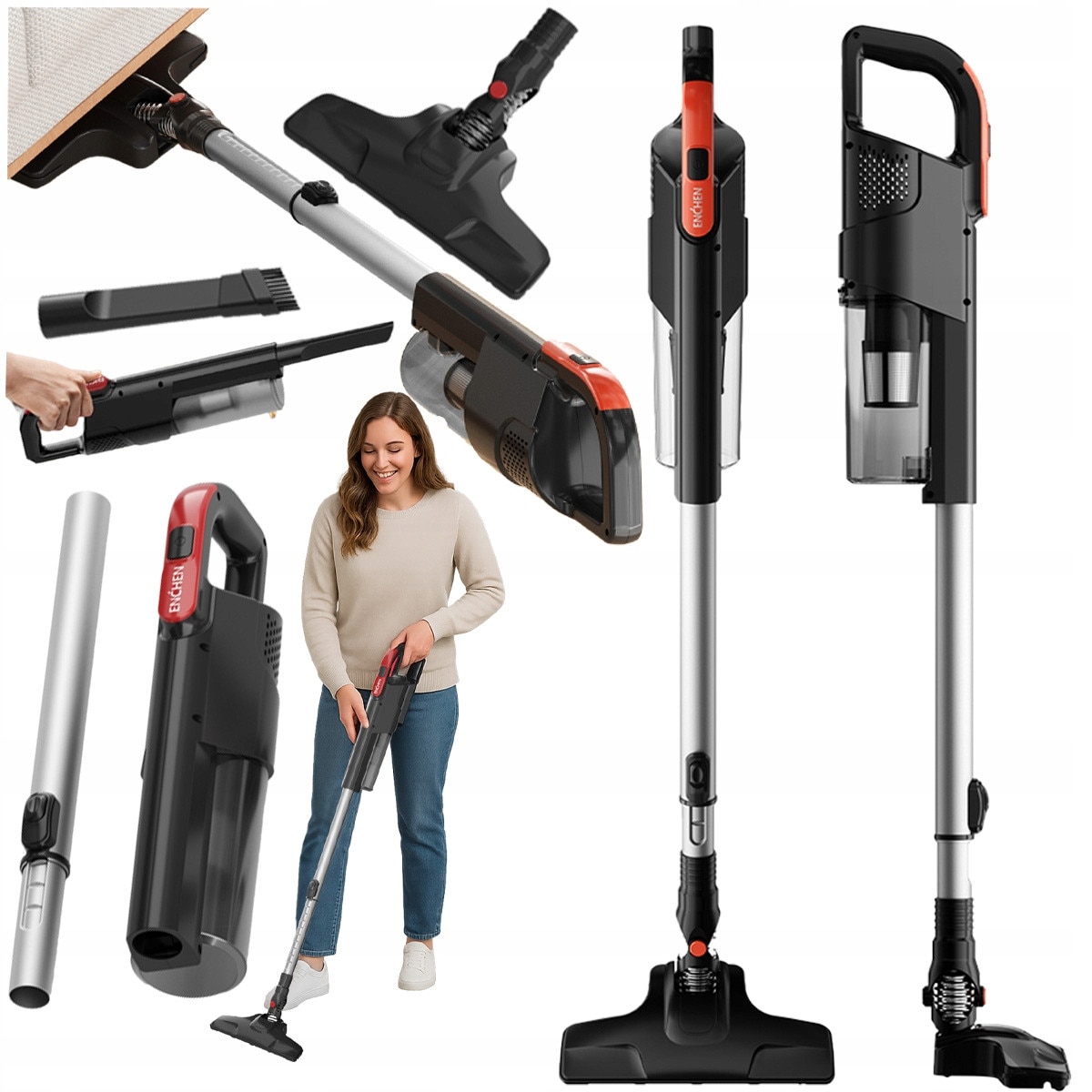 Aspirator Vertical 2 In 1 Cu Accesorii, Enchen, V3 Plus, Motor Puternic De 120W Pentru O Putere De Aspiratie Mare, Capacitate Recipient Pentru Praf De 1, 2 L, Timp De Functionare In Modul Eco De Pana La 30 De Minute, Negru