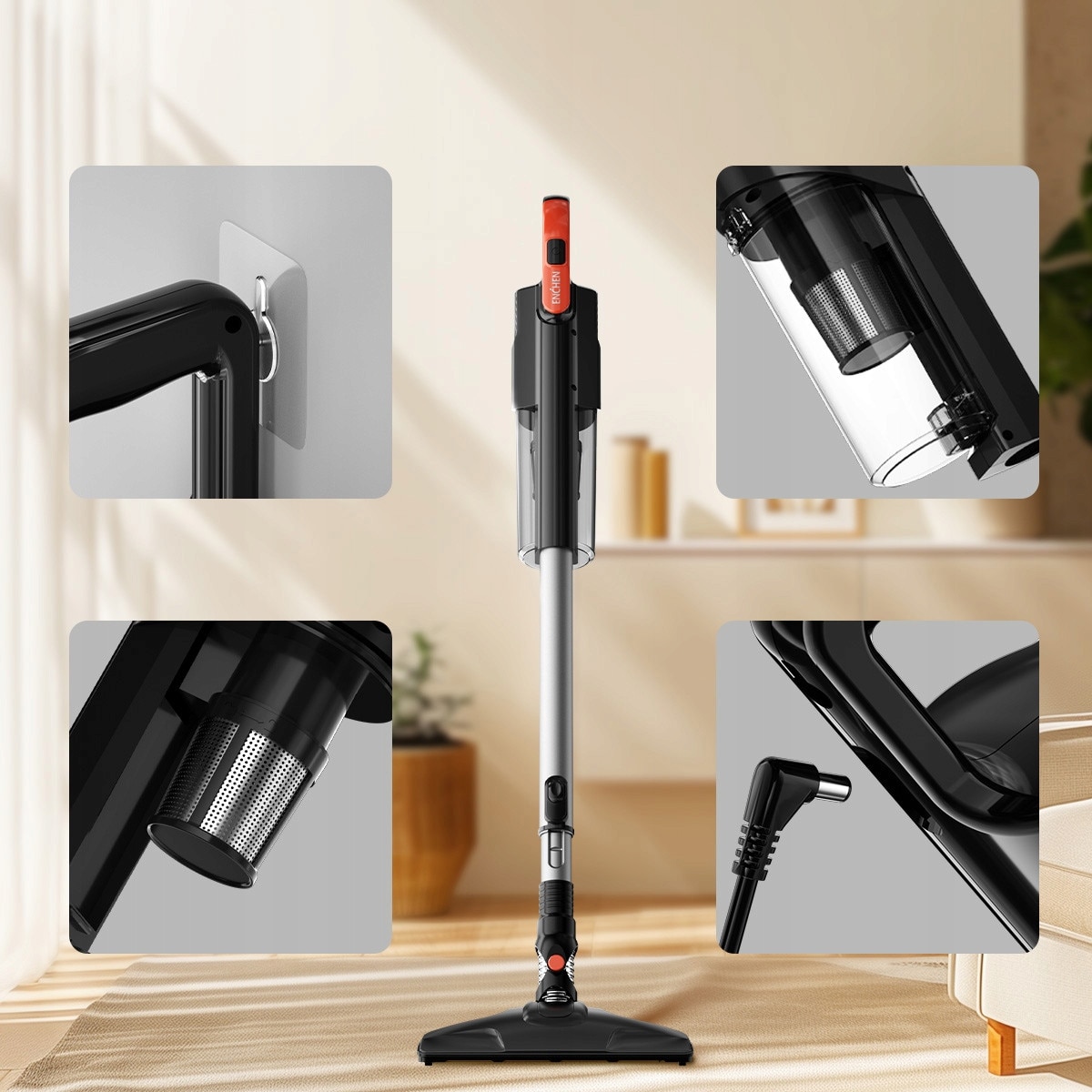 Aspirator Vertical 2 In 1 Cu Accesorii, Enchen, V3 Plus, Motor Puternic De 120W Pentru O Putere De Aspiratie Mare, Capacitate Recipient Pentru Praf De 1, 2 L, Timp De Functionare In Modul Eco De Pana La 30 De Minute, Negru