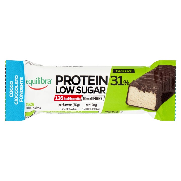 BATON PROTEIC 31% cu cocos si ciocolata neagra, continut scazut de zahar, desert sau gustare delicioasa, 35 g, Equilibra
