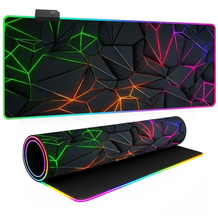 MousePad Gaming Profesional TNS®, Cauciucat, 4 Moduri Iluminare LED, Conectare USB, 7 Culori, Anti-Derapant, Cusaturi Anti-Rupere, Viteza de Alunecare Marita, Model Neon Fractals 3D, 80x30 cm