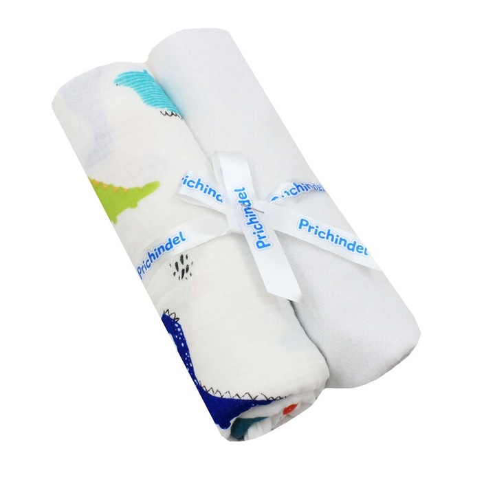 Set 2 scutece, dinozauri colorati, muselina si finet, alb, 80 x 67 cm