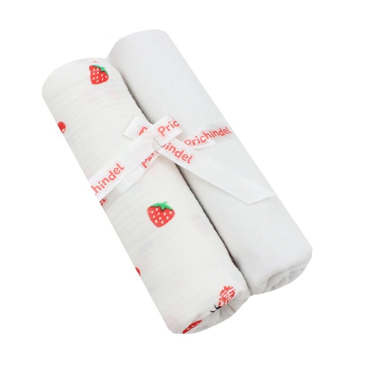 Set 2 scutece, capsuni si cirese, muselina si finet, alb, 80 x 67 cm