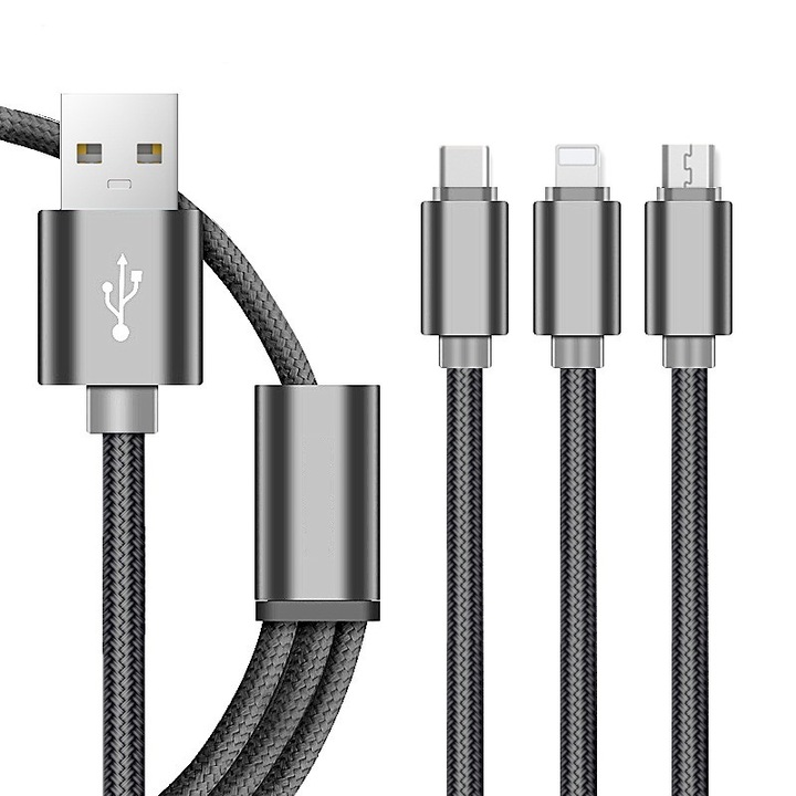 MRG 3 az 1-ben Iphone 5 / 6 adatkábel + Micro USB + USB-C, tablethez és telefonhoz, fekete