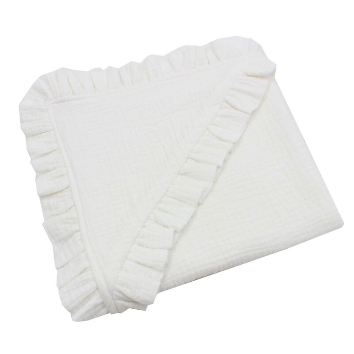 Prosop cu gluga si volanas, Ed, muselina bumbac, alb, 80 x 100 cm