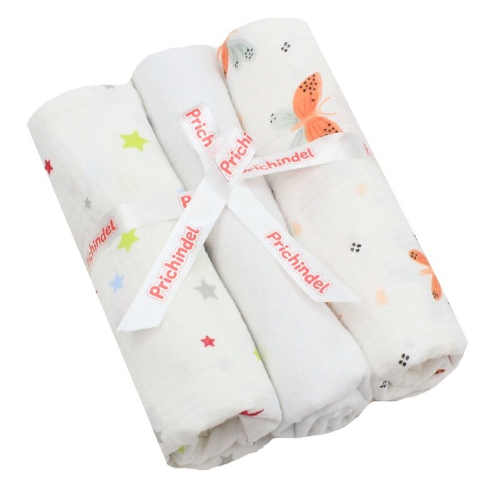 Set 3 scutece, stelute colorate si fluturasi, muselina si finet, bumbac, 80x67cm