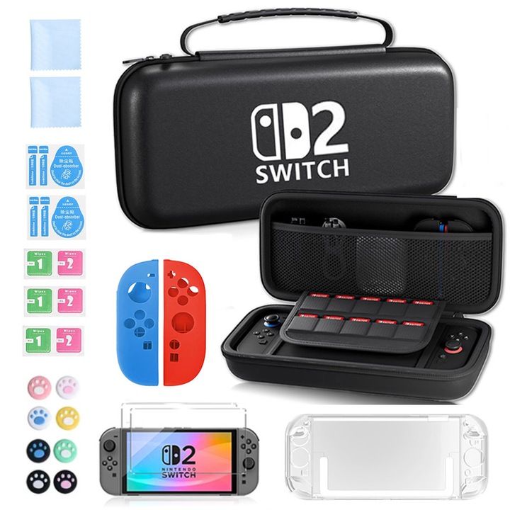 Husa De Transport Consola Pentru Nintendo Switch 2, 21buc, Protectie Impotriva Socurilor Si Stropilor, Compartiment Pentru Jocuri Si Accesorii, Inchidere Cu Fermuar Dublu, Material Eva Durabil, Negru