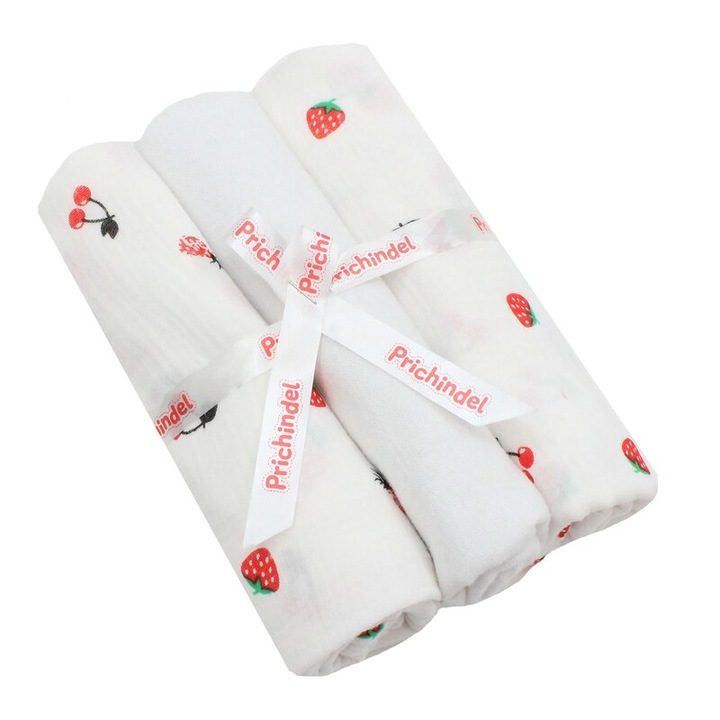 Set 3 scutece, capsuni si cirese, muselina si finet, bumbac, 80x67cm