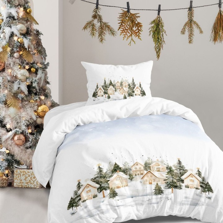 Lenjerie Craciun 3D pat 1 persoana cu brazi si casute, bumbac 100% ranforce, 180x240 cm, 3 piese, Lenjerii Deosebite, Snowy