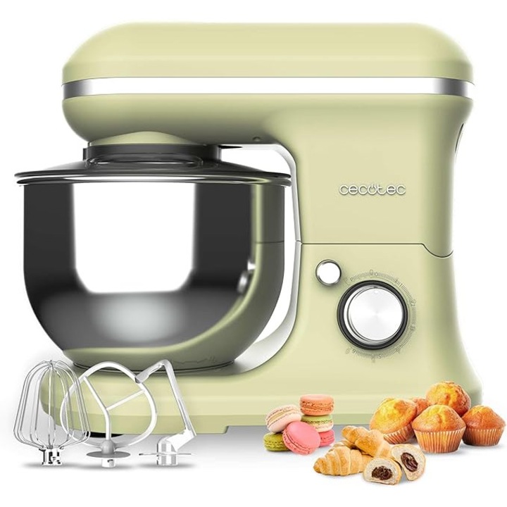 Mixer cu bol CECOTEC Cecomixer Merengue 1200 W, 6 trepte de viteza, otel inoxidabil, 5L, verde