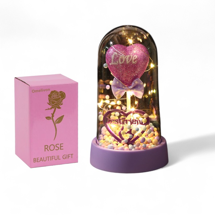 Lumina de noapte luminoasa cu capac transparent, cadou creativ, cu sir de lumini LED in forma de inima cu sclipici „Dragoste”, cadou de Ziua Indragostitilor/ziua de nastere/cadou pentru prietena sau cea mai buna prietena, Violet