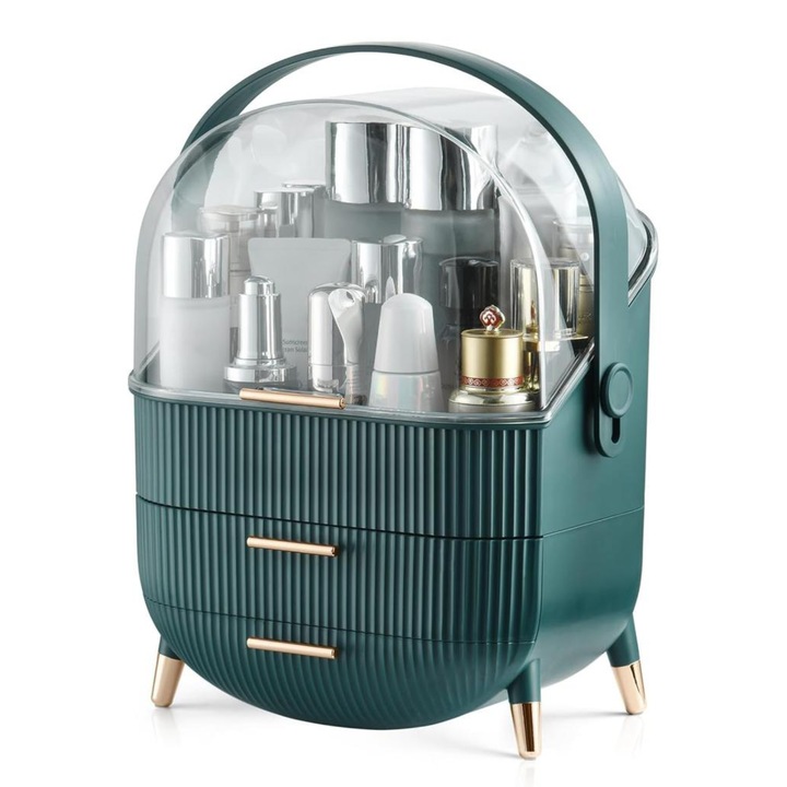 Organizator pentru cosmetice, LuckyLu®, 3 compartimente, usor de transportat, impermeabil, machiaj, bijuterii, sertare, verde 28x18x37 cm