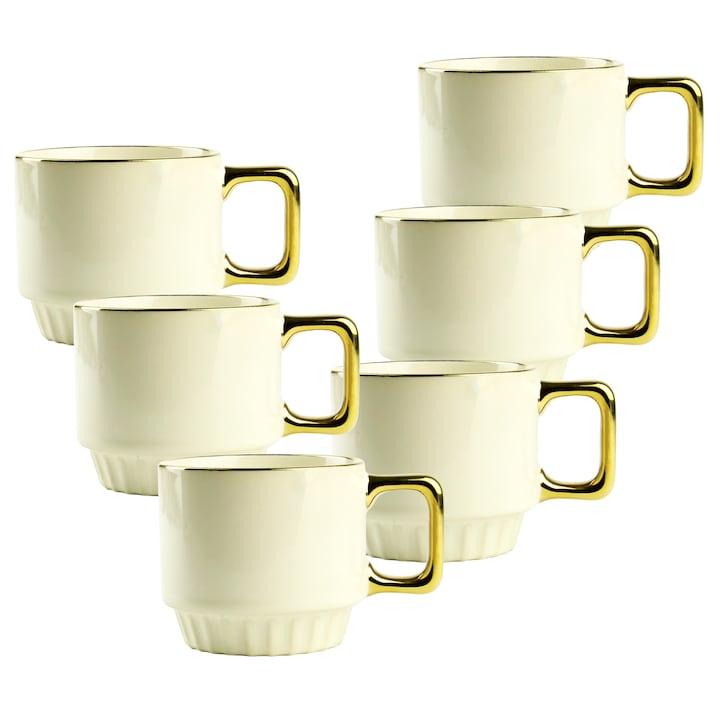 Set 6 cesti ceramice Festa Italia, 320 ml, bej cu maner auriu, elegante si durabile