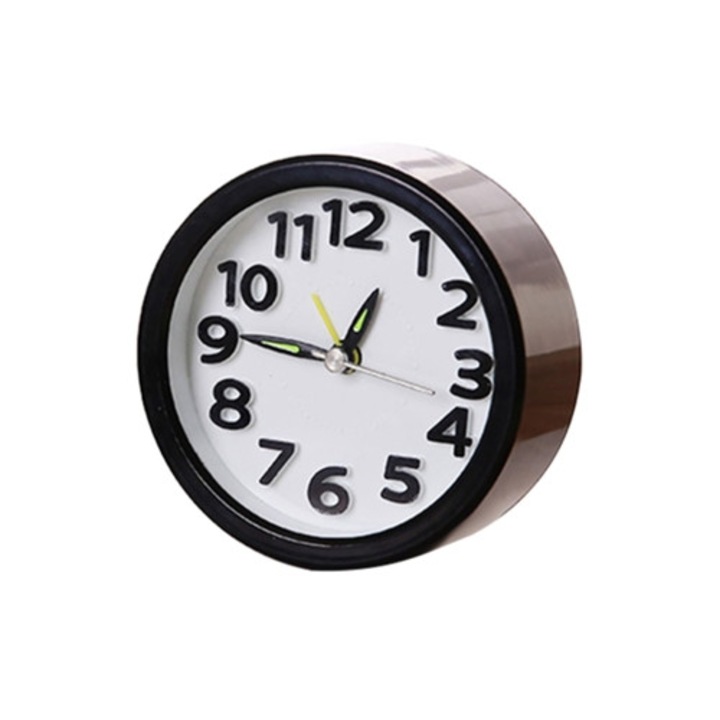 Dekoratív mini óra, kerek, fekete, halk, asztalra vagy éjjeliszekrényre