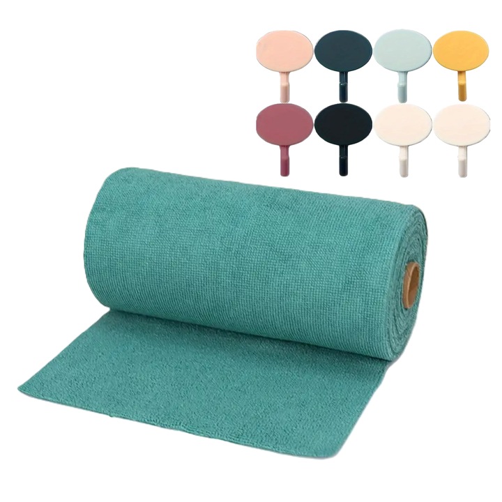 Rola cu 50 Lavete Microfibra Verde, 30x30 cm, 200 GSM, Set cu 8 Carlige Autoadezive