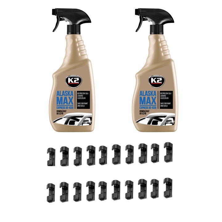 Комплект от 2 размразяващи разтвора за предни стъкла и прозорци K2 ALASKA MAX Express DE-ICER 700 ml + 20 скоби за закрепване на кабели