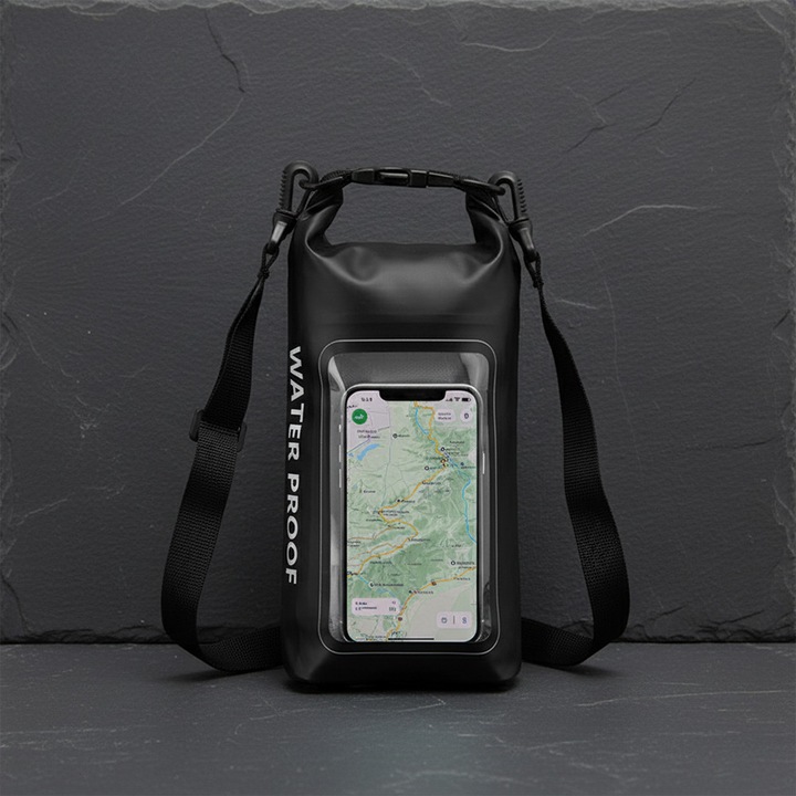 Geanta impermeabila Destello, tip Crossbody, 2L, cu buzunar tactil pentru telefon, ideala pentru echipament outdoor, Negru