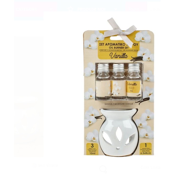 Комплект глинена поставка за арома терапия 3 ванилови ароматни масла, 3х10мл – Ароматерапия, Елегантна декорация, 6.5х8см