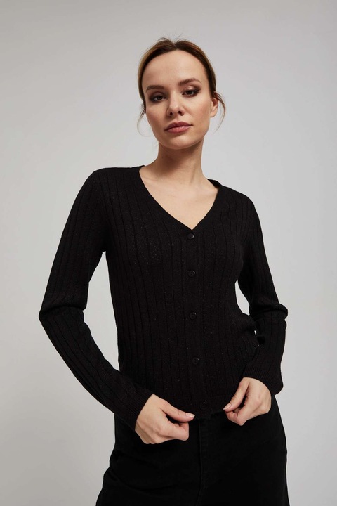 Pulover negru MOODO cu fir metalic, decolteu V, lungi, Negru