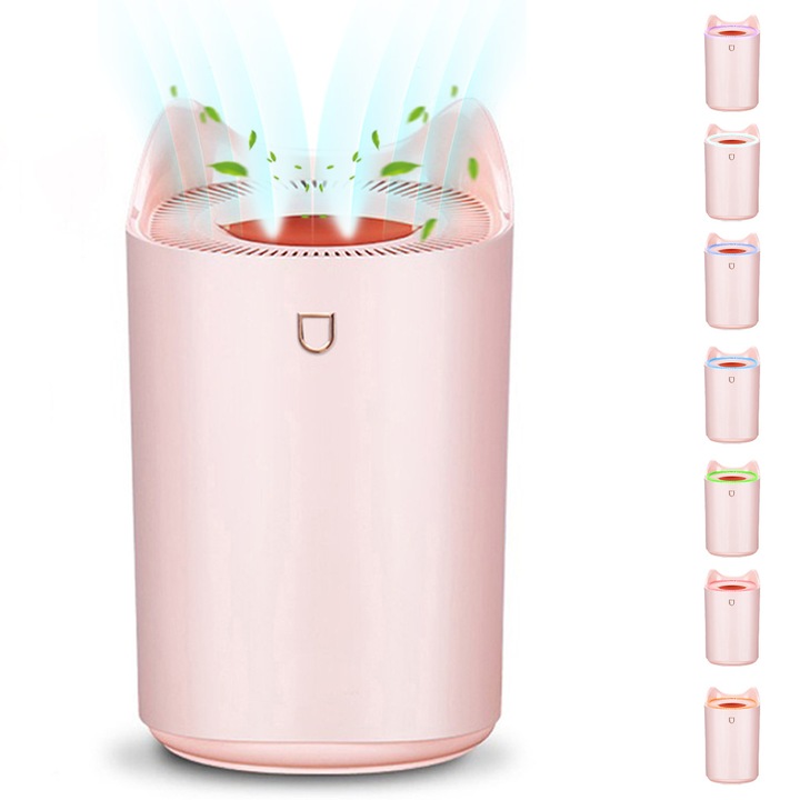 Umidificator Aer IDAMAKON Ionizare Rezervor 3L Ceata Continua 48H Duza Dubla 3 Moduri de Functionare Functie Oprire Automata LED lumina Ambientala Silentios Pentru Casa Birou si Masina Roz