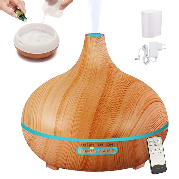 Арома дифузер, Ултразвуков овлажнител за въздух, 550мл, 7 LED цвята, Дърво, 16.5x16.5x15см