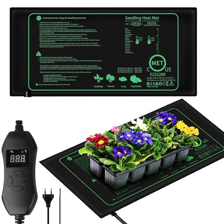 Подгряваща подложка за разсад, Bedee, 50 W, термостат 68F-86F, черна, 25x52см, пълен комплект
