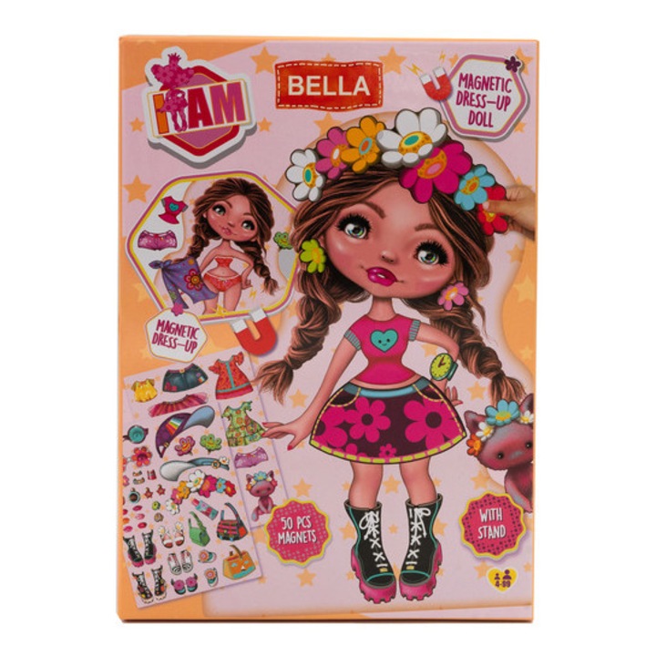 Papusa magnetica de imbracat Bella, set cu 50 de magneti, multicolor, 32x25x1, 5cm