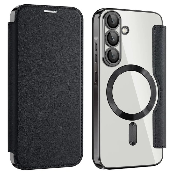 Магнитна калъфка MagFlip за Samsung A56, магнитна, RFID защита, кожа, черна