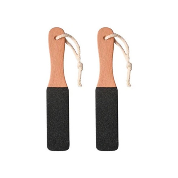 Set 2 Pile cosmetice, Maner din lemn, Eliminator de calusuri, Scruber pentru picioare