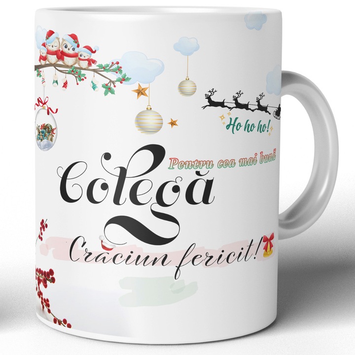Cana Crăciun Joystos, 330ml, ceramică albă, design festiv cu mesaj pentru colegă